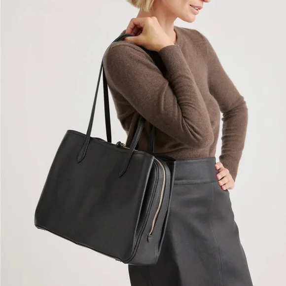 NWOT QUINCE Italian Black Leather Triple Compartment Work Bag - Picture 2 of 13